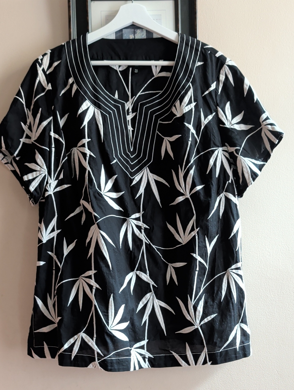 Talbot's Black & White Bamboo Print Embroidered Top